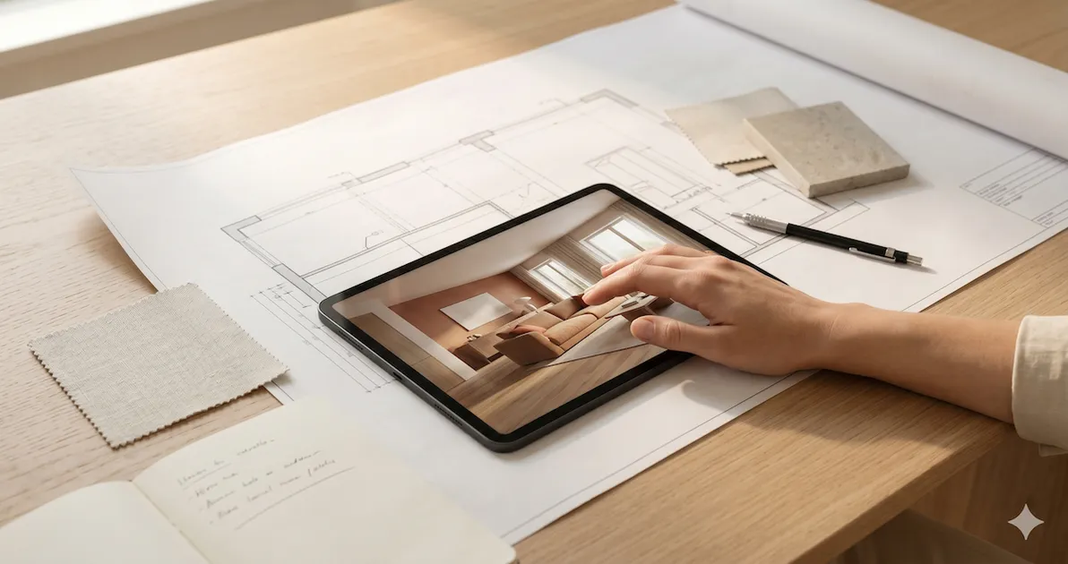 Architecte d'intérieur utilisant l'IA en rendez-vous client