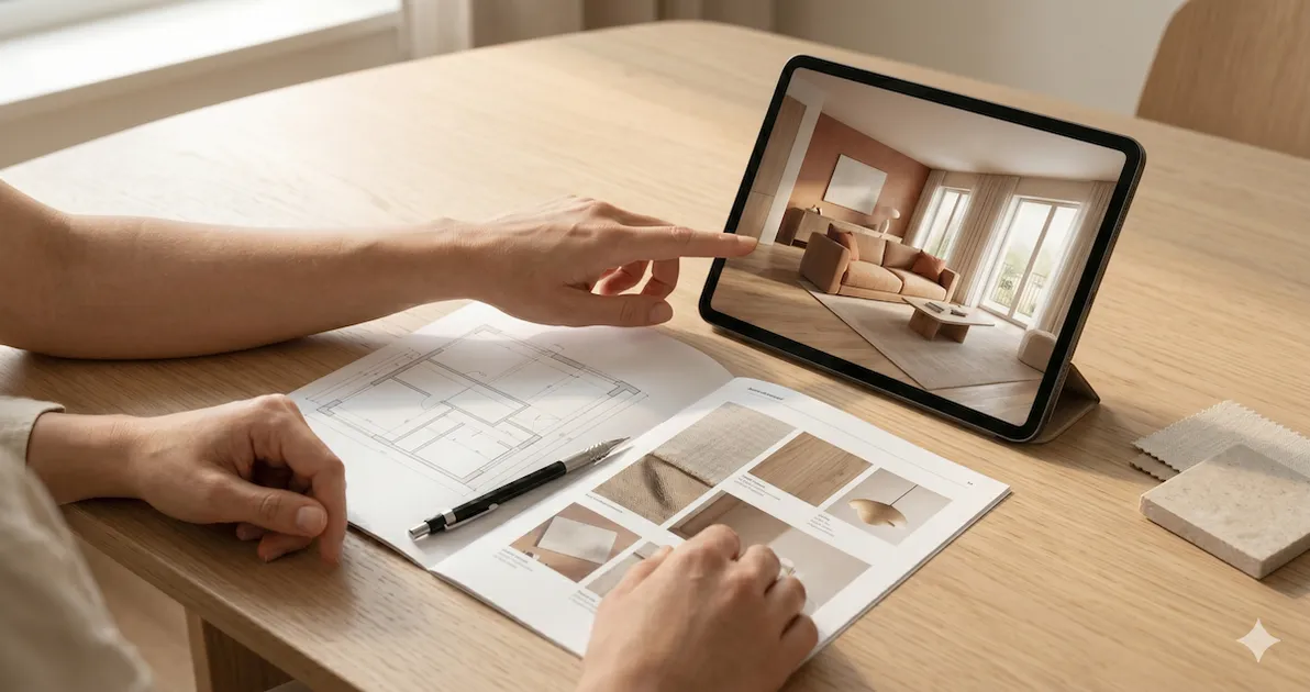 Architecte d'intérieur en rendez-vous client avec tablette et rendu photoréaliste